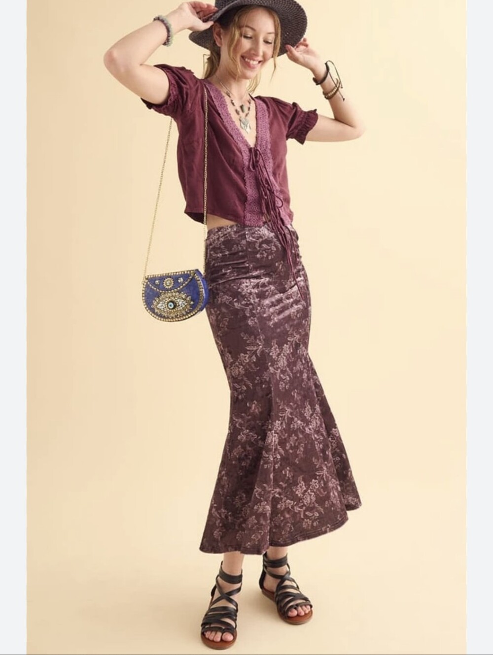 Earthbound Vtg-Inspired Purple Velvet Floral Mermaid Skirt Whimsigoth Fairy Lg.